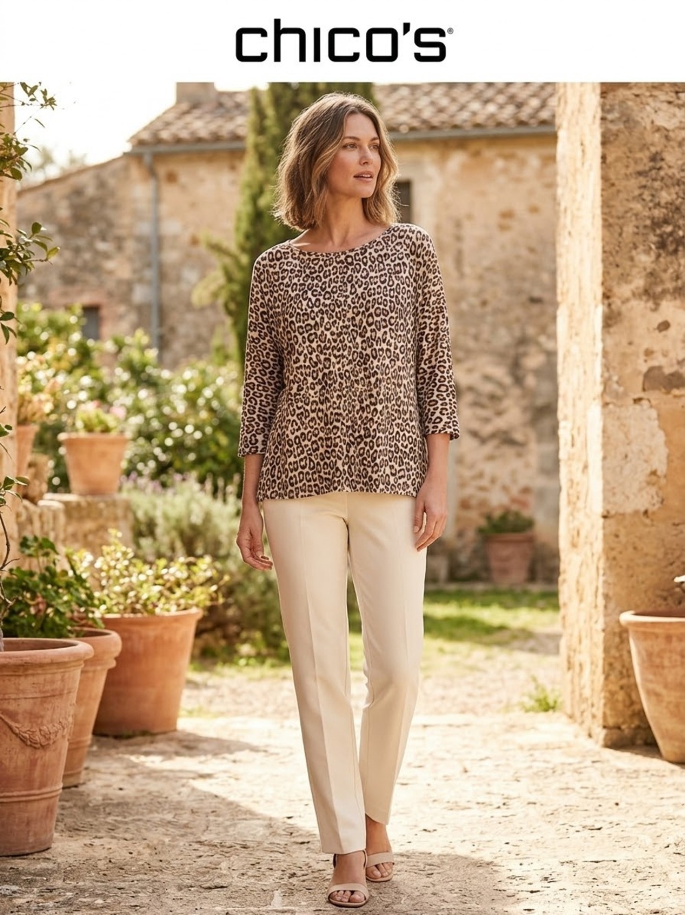 Chico's Animal Print 3/4 Sleeve Tee